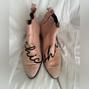 Pink Modern Vice ankle boots with “chic shit” embroidered on top. Worn w/ love.